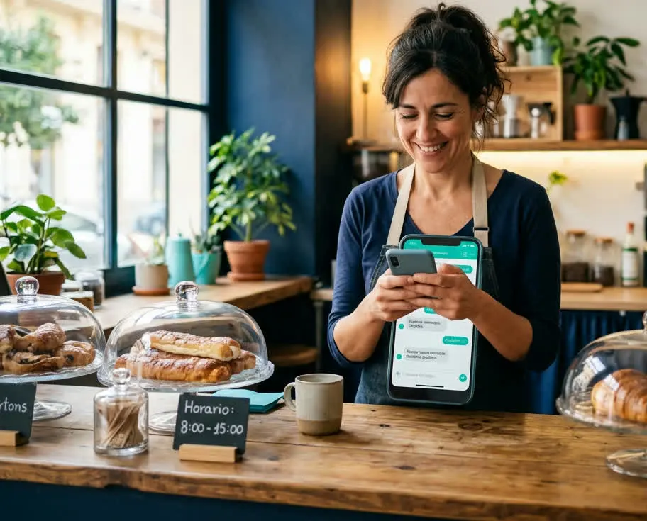 Dueña de una cafetería revisando mensajes de clientes en el móvil